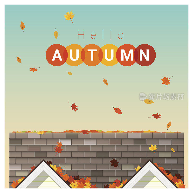Hello Autumn背景与小房子，矢量，插图